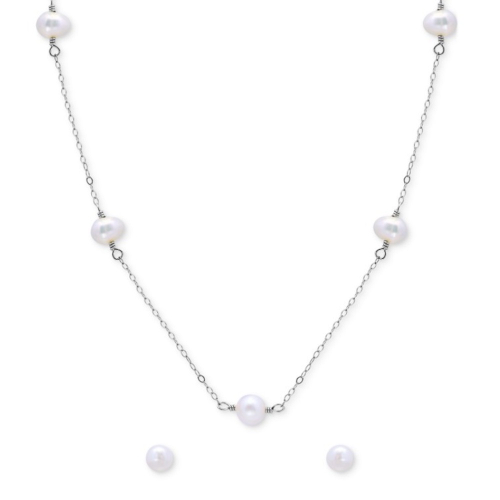 NWT Two-Pc. Set White Cultured Freshwater Pearl (6mm) Collar Necklace & earrings